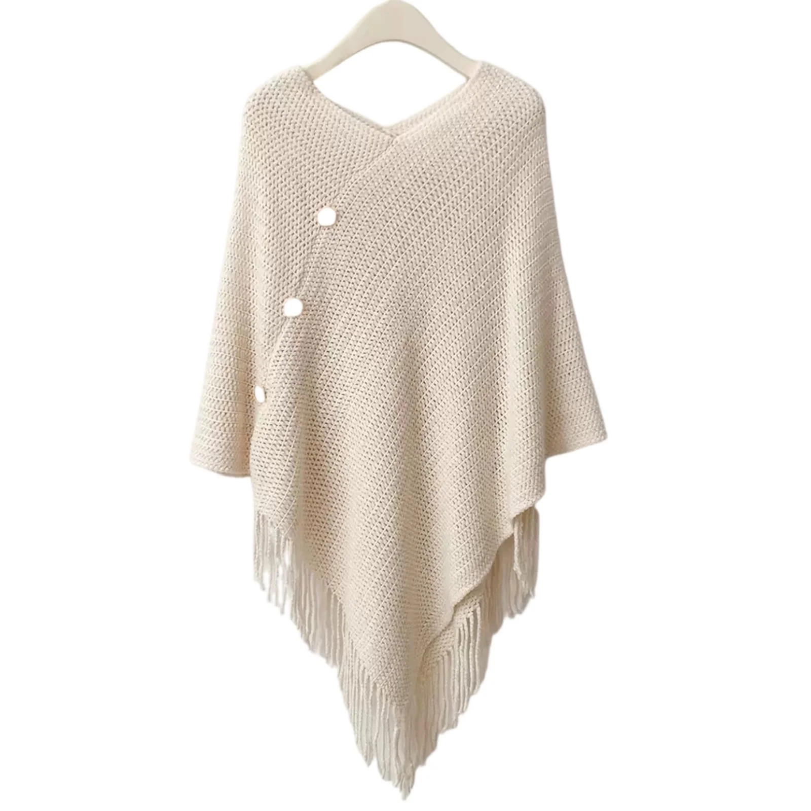 Women's Knitted Poncho Sweater V-Neck Button Pullover Cape with Tassels Cozy Shawl Wrap Cardigan ... | Walmart (US)