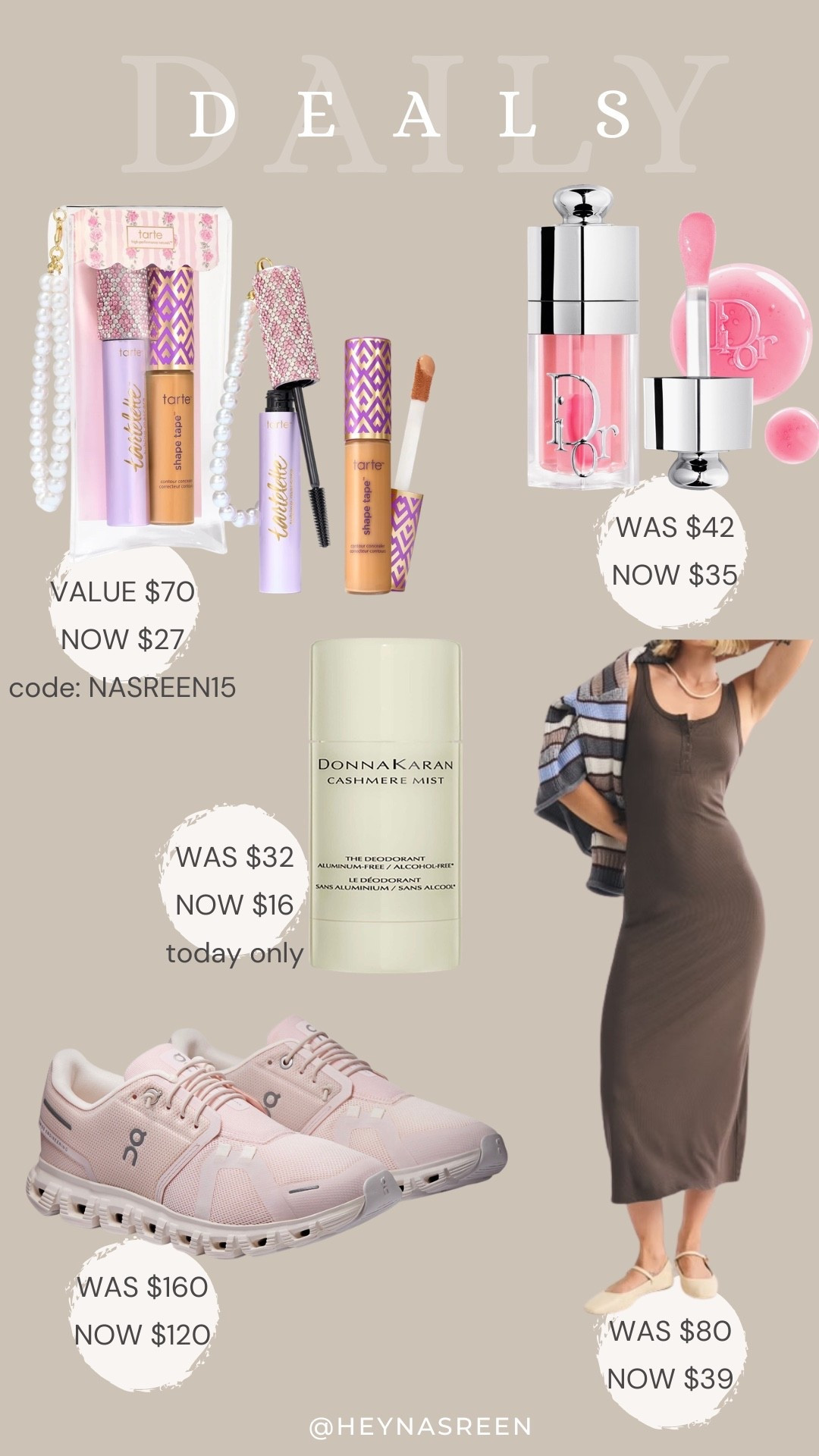Daily deals on Tarte duo, Dior lip oil, Donna Karen cashmere mist, Abercrombie dress, On Cloud sneakers