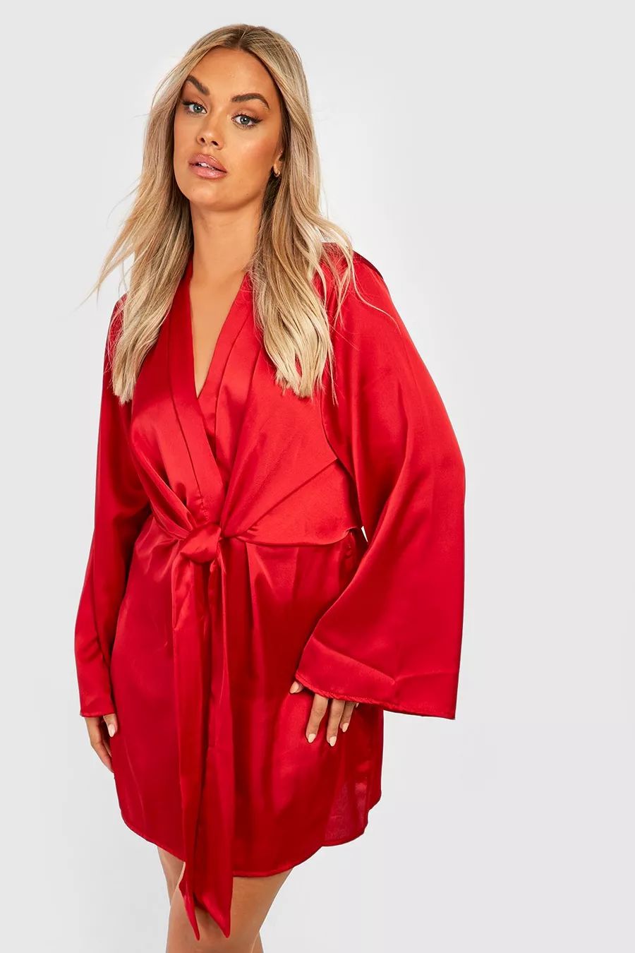 Plus Satin Knot Front Wide Sleeve Dress | Boohoo.com (US & CA)