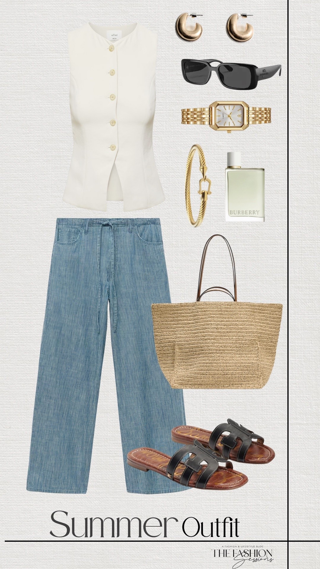 Summer Outfit | Cream Vest Top | Striped Pants | Sam Edelman Sandal | Woven Bag | Burberry Perfume |

#LTKShoeCrush #LTKSeasonal #LTKStyleTip
