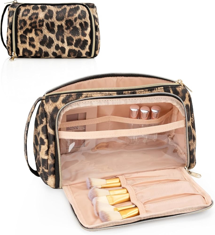 CUBETASTIC Travel Makeup Bag, Leopard Print Cosmetic Bag, Portable Make Up Organizer Bag with Sid... | Amazon (US)