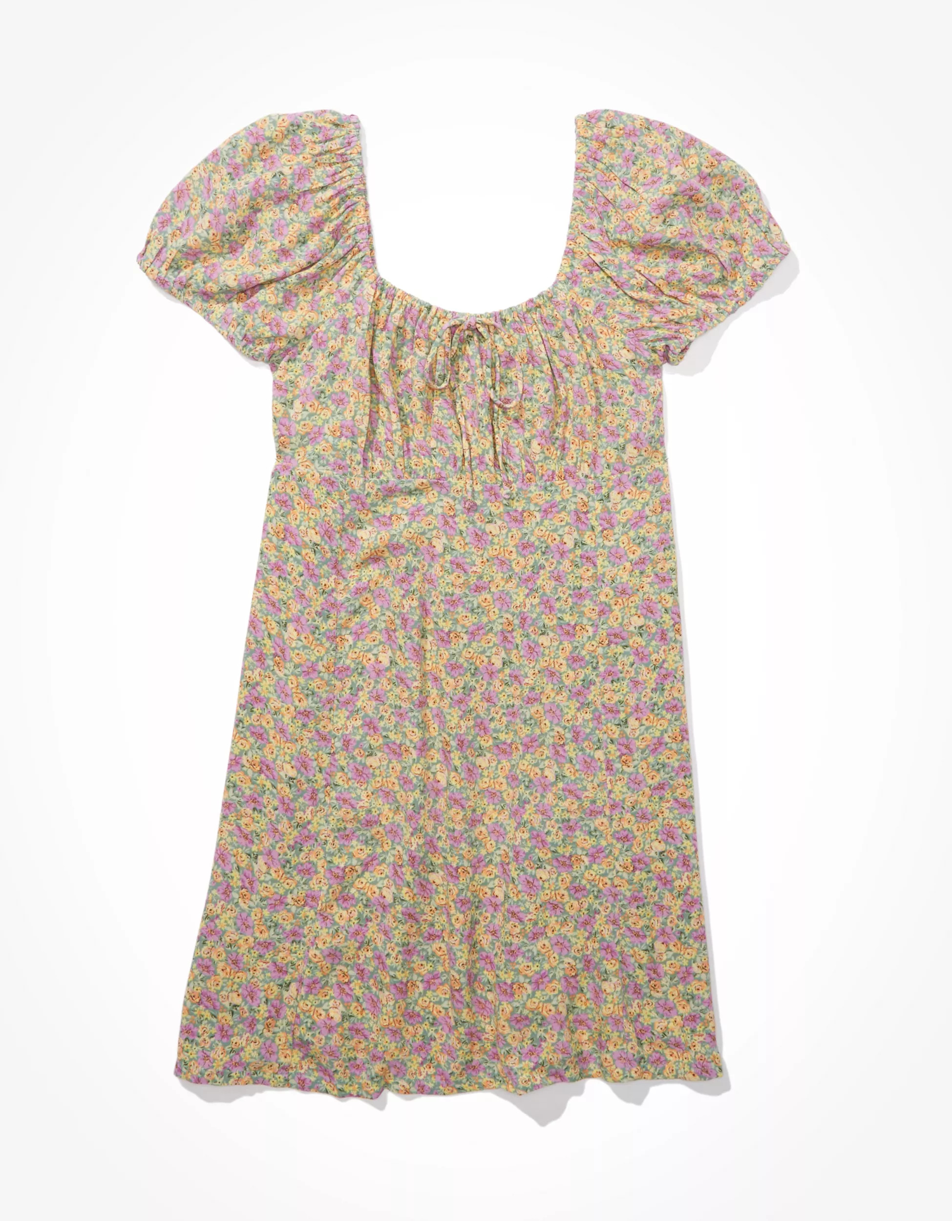 AE Floral Ruched Puff-Sleeve Mini Dress | American Eagle Outfitters (US & CA)