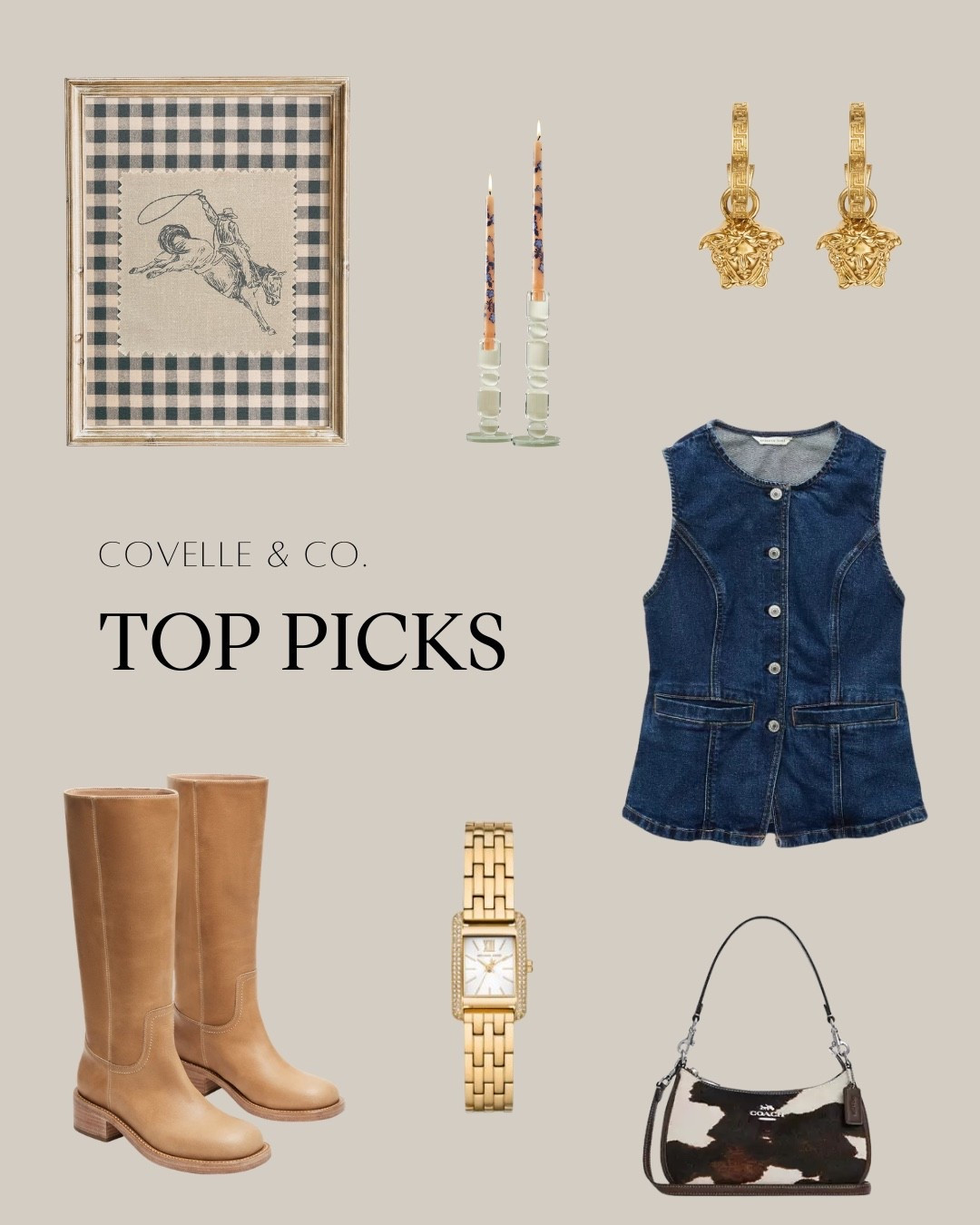 ✨ Country Chic Meets Golden Glam ✨
This month’s Covelle & Co. Top Picks are all about creating that country chic lifestyle — a little bit relaxed, a little bit refined, and always designed to feel like home. 🏡💫

Think American Eagle jean tops and Steve Madden tall boots for the look, paired with interiors layered in gold accents, cozy textures, and country-inspired details. From a timeless Michael Kors watch and Versace earrings to Etsy wall art, Anthropologie candlesticks, and a cow-print shoulder purse, these picks blend rustic comfort with elevated design — just like the homes we style and sell. 🤎

At Covelle & Co., we believe your style and your spaces should tell the same story: welcoming, chic, and uniquely you.

👉 Save this roundup for inspo and let us know — are you more country charm or golden glam?

#CovelleAndCo #TopPicks #CountryChicStyle #GoldAccents #InteriorDesignInspo #RealEstateStyle #HomeWithCovelle #CountryChicDecor #FallStyleInspo #ChicAndCozy

#LTKBeauty #LTKSaleAlert #LTKStyleTip