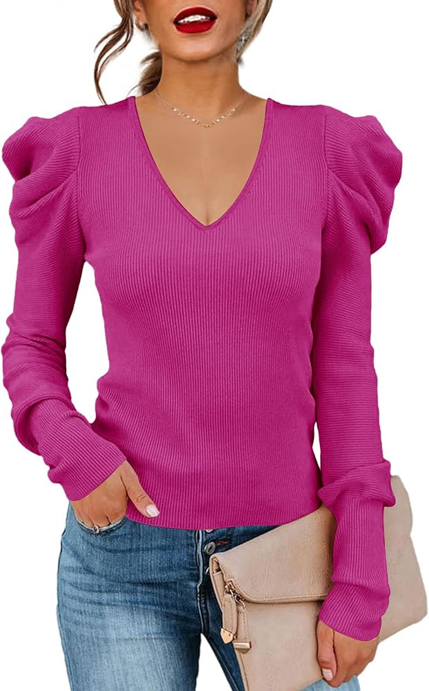 Amarmia Women's Long Puff Sleeve Knit Pullover Sweaters Casual V Neck Ribbed Solid Soft Slim Fit ... | Amazon (US)
