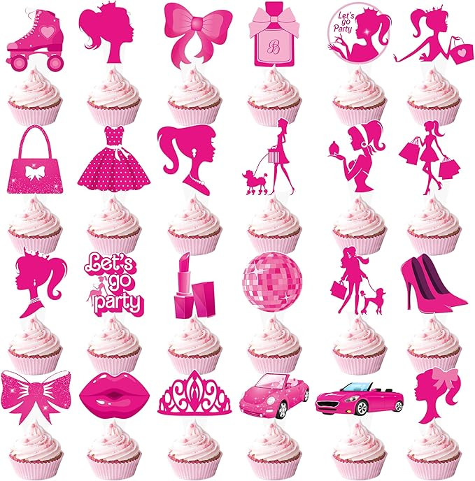 Hot Pink Girl Party Cupcake Toppers 48Pcs Hot Pink Princess Cupcake Toppers Pink Birthday Party D... | Amazon (US)