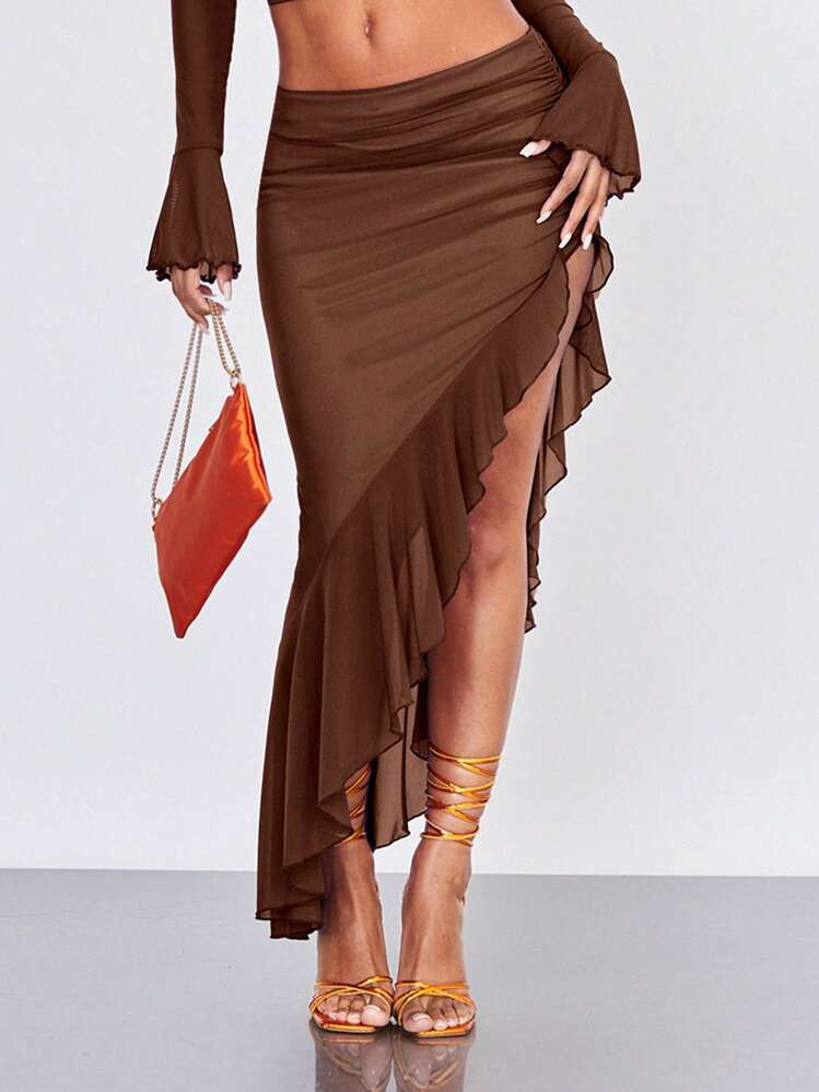 SHEIN BAE Ruched Ruffle Asymmetrical Hem Skirt | SHEIN