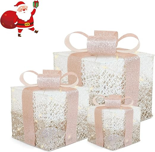 Christmas Lighted Gift Boxes with Bow, Sets of 3 Prelit Outdoor Boxes Christmas Tree Decorations ... | Amazon (US)