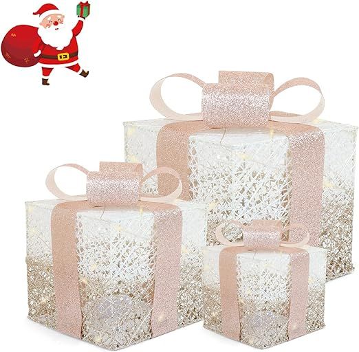 Christmas Lighted Gift Boxes with Bow, Sets of 3 Prelit Outdoor Boxes Christmas Tree Decorations ... | Amazon (US)