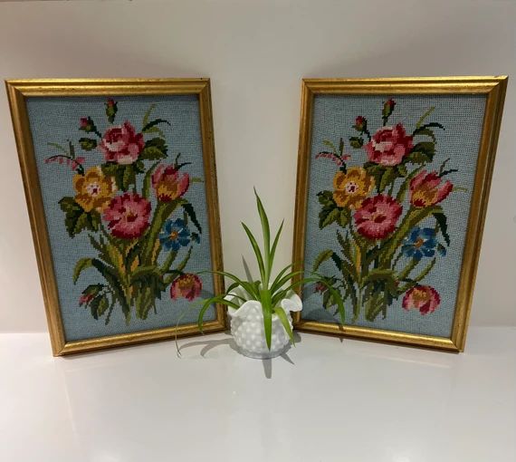 Vintage framed needlepoint | set of two | floral needlepoint | fiber art wall hanging | retro dec... | Etsy (US)