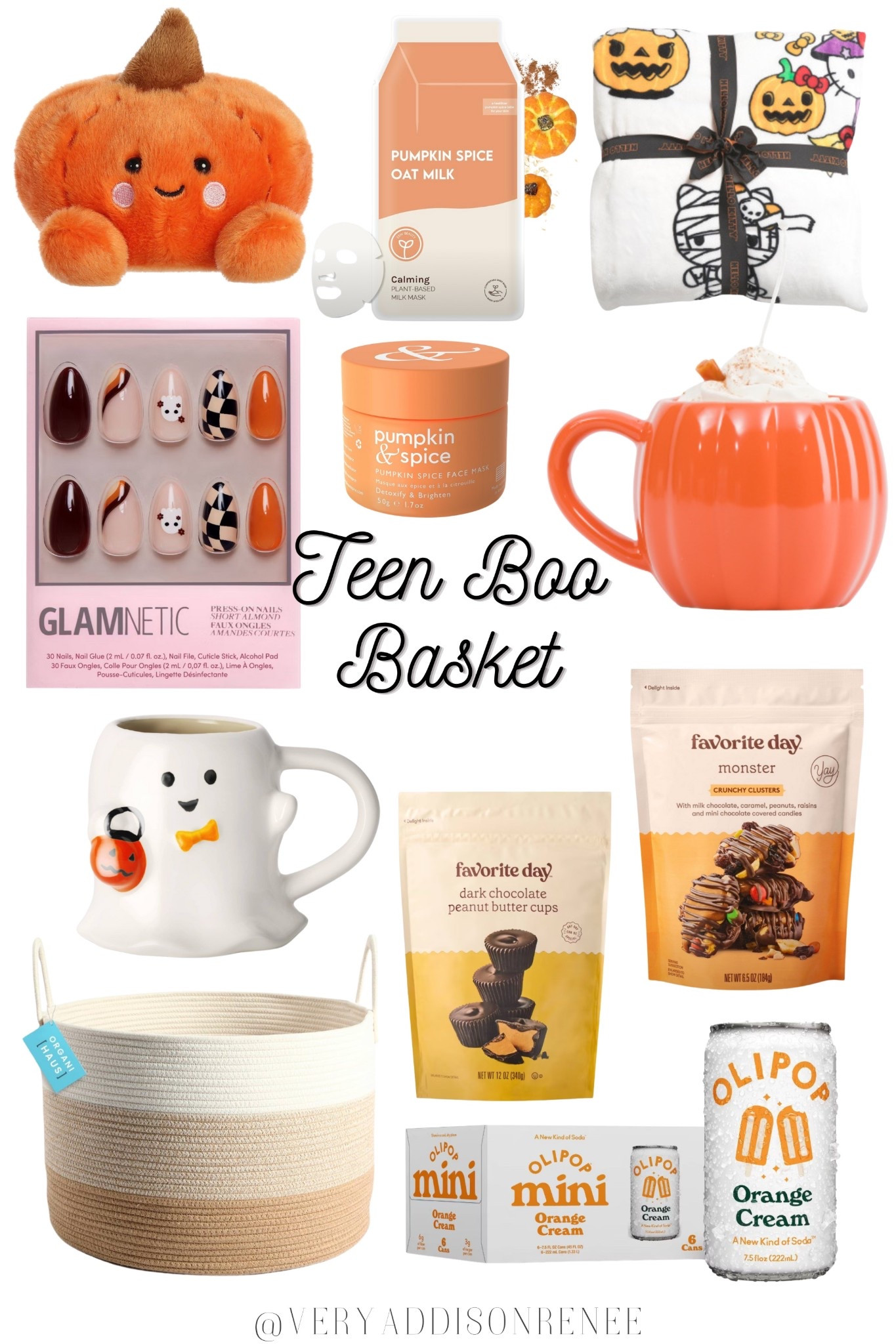 Teen Boo Basket Ideas 👻✨ This cozy pumpkin themed Halloween gift basket is filled with fall finds that are perfect for teens, tweens, and best friends. Affordable, aesthetic, and TikTok-inspired — with most items found at Target.

What’s inside:
🧸 Pumpkin plush + cozy Halloween blanket
☕ Pumpkin mug + ghost mug (so cute for fall drinks)
💅 Glamnetic pumpkin-inspired press-on nails
🧴 Pumpkin & spice face mask + calming oat milk sheet mask
🍫 Favorite Day snacks (monster clusters + dark chocolate peanut butter cups)
🥤 Olipop mini sodas (Orange Cream — a fall fave)
🧺 Neutral woven basket

This boo basket for teens makes the perfect spooky season gift idea, cozy, fun, and filled with seasonal Target finds. Great for sisters, daughters, or besties who love fall vibes 🎃🍂✨

#LTKGiftGuide 

#LTKFindsUnder50 #LTKU #LTKKids