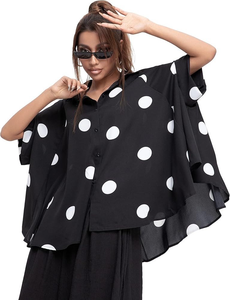 ellazhu Women's Batwing Sleeve Polka Dot Printed Button Down Blouse Oversized Shirt Top for Summe... | Amazon (US)