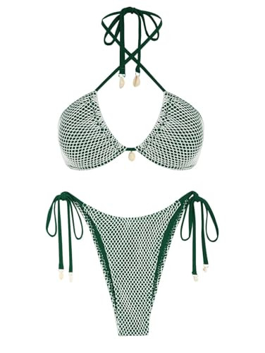ZAFUL Women's Bikini Set Fishnet Triangle Tie Convertible Collar Halter Bandeau Shell Two Piece B... | Amazon (US)