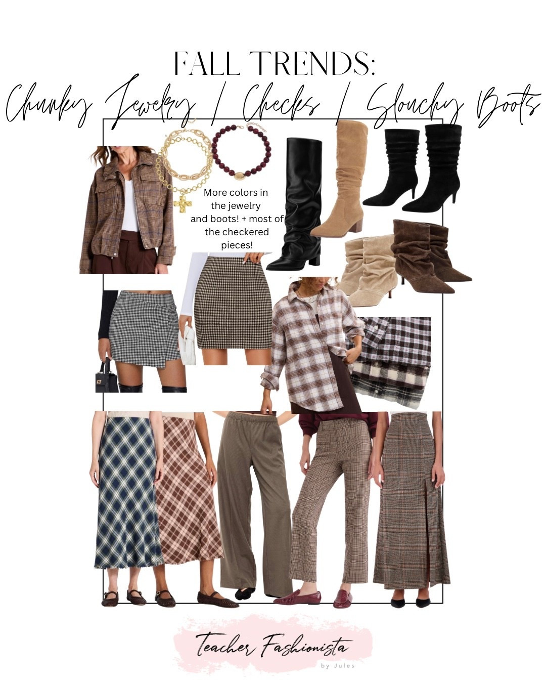 Fall trends: slouchy boots in suede or leather, chunky jewelry whether beaded necklaces or chains, and checkered plaid print!


Amazon style, plaid skirt, plaid workwear pants, boots

#LTKSeasonal #LTKSaleAlert #LTKWorkwear