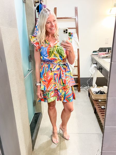 Love this tropical print resort vacation dress and clear heels. In the XS. Mexico dress tropical print 

#LTKSeasonal #LTKStyleTip #LTKTravel