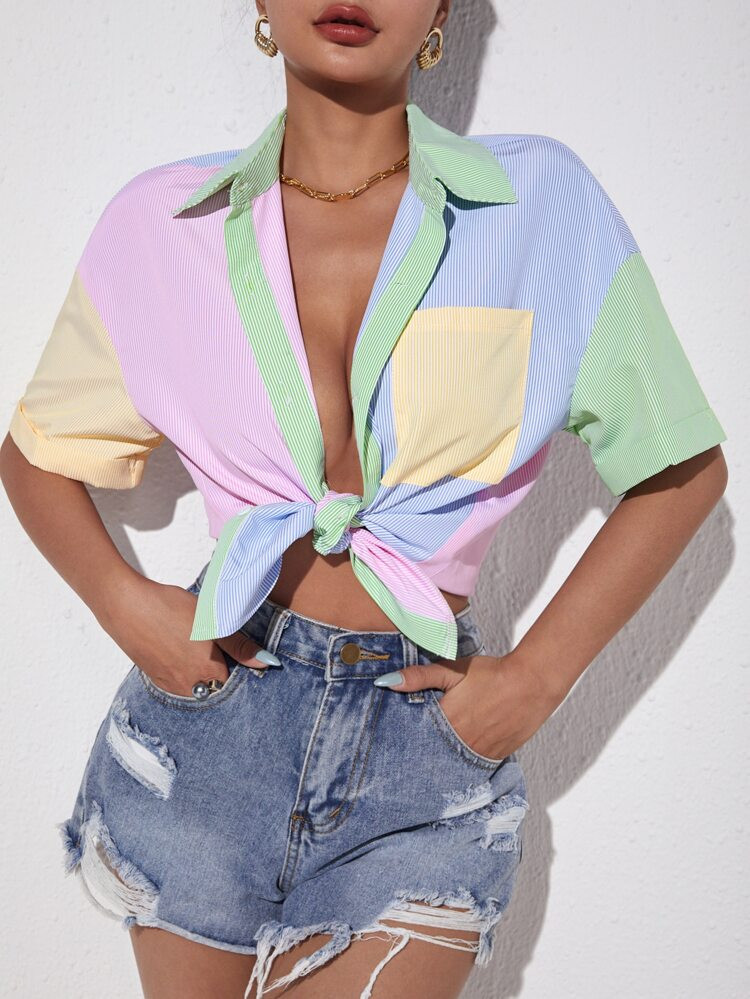 SHEIN SXY Striped Colorblock Drop Shoulder Patch Pocket Shirt
       
              
            ... | SHEIN