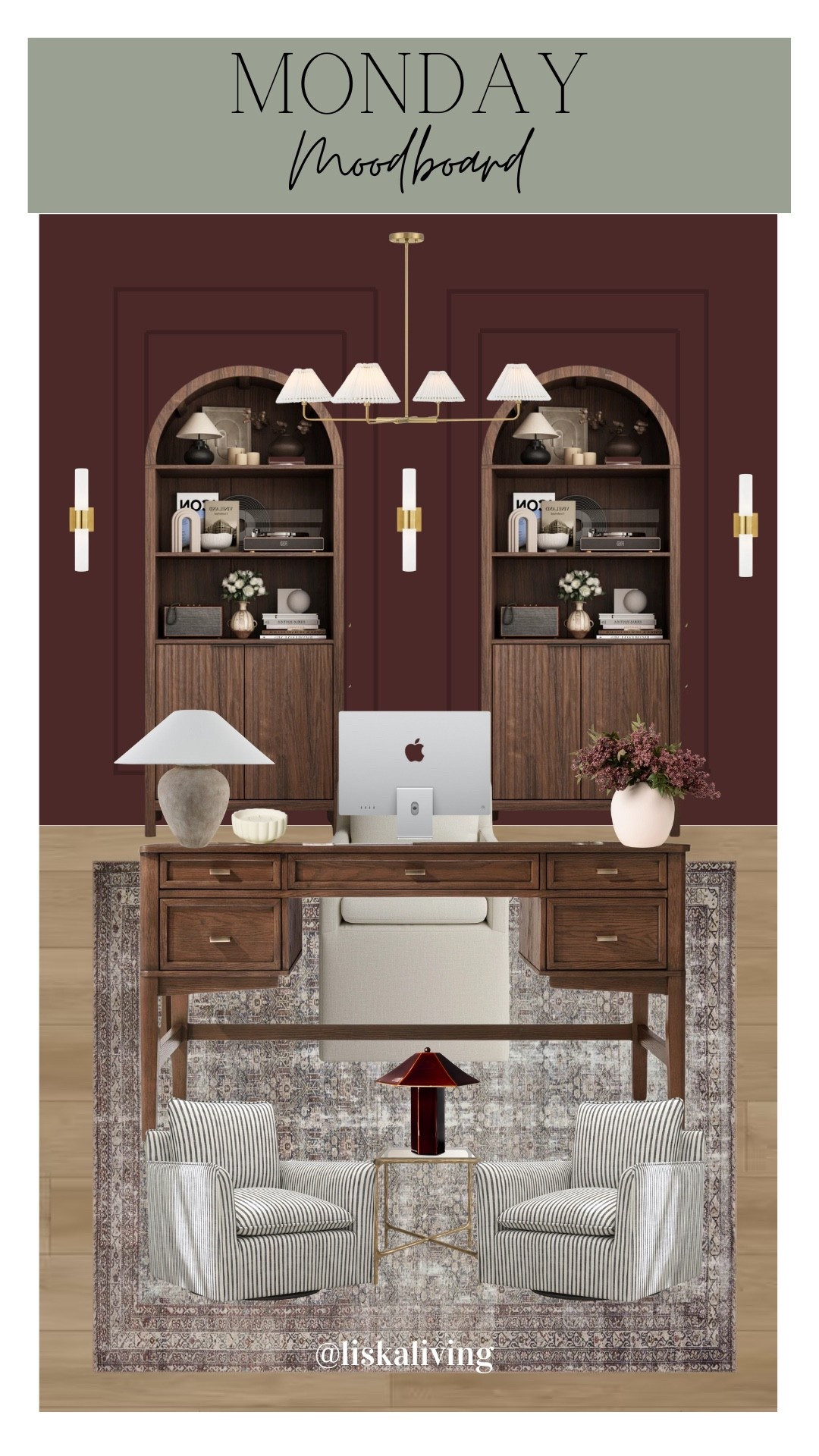 ✨MONDAY MOODBOARD - OFFICE✨

✨Comment MONDAY for 🔗 

Okay, I just happened to stumble upon this color when I was searching for inspiration and wowza 🤩 this is a fun color! Not my typical choice, but I can imagine color drenching and some awesome moulding like I did here 😍 This is the color Rockwood Dark Red by @sherwinwilliams and I loooove! What do you think?! Would you do it or too bold? I try to remind myself—it’s just paint!

This rug is also so gorgeous and complements the color so well! This room leans a little more traditional with the dark wood and shape of the desk and I personally am a fan. I could get used to working it here…dare I say even excited? 😉

✨FOLLOW @liskaliving and @oakandolive_designs for more home styling inspo and curated moodboards like this one! Thanks for being here! 🤍

✨SAVE this post for later!
.
.
.
.
.
#mondaymoodboard #swcolorlove #officedesign #homestylinginspo #transitionaldesign 

#LTKHome #LTKFindsUnder100