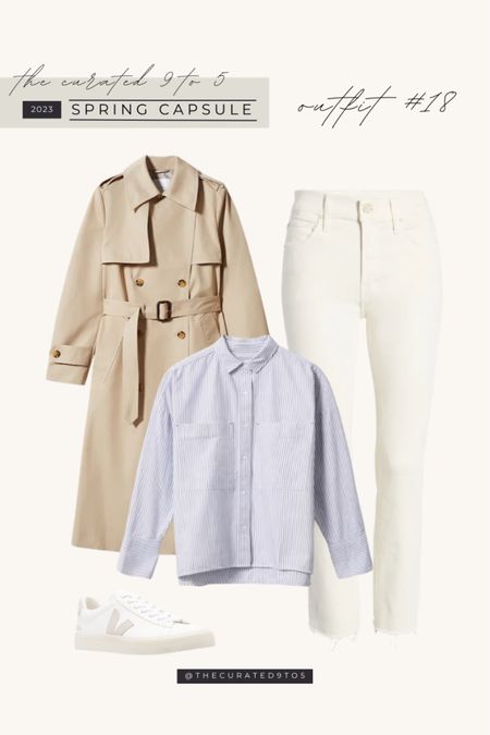 2023 spring capsule outfit
Trench coat
Wide leg cream denim, white jeans
Oversized button-up, button-down, white or blue
White leather sneakers, Veja

#LTKstyletip #LTKtravel #LTKSeasonal