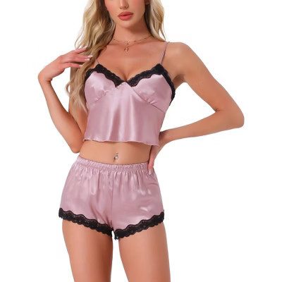 INSPIRE CHIC Womens Loungewear Satin Lace Sleeveless Spaghetti Strap Removable Chest Cushion Cami Shorts Pajama Set X-Large Pink | Target