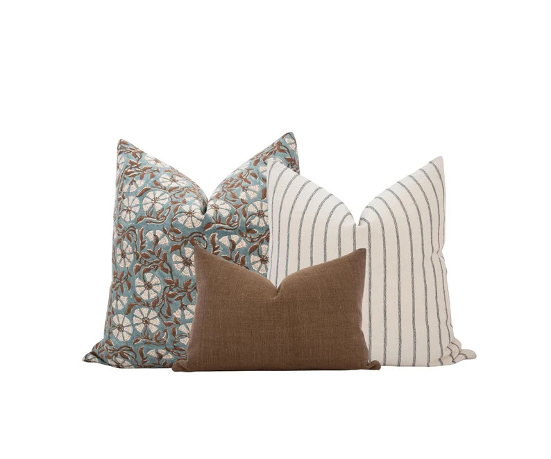 Blue and Brown Floral Block Print Pillow Cover Set: Farmhouse, Coastal Style, Fall Pillows, Muted... | Etsy (Global)