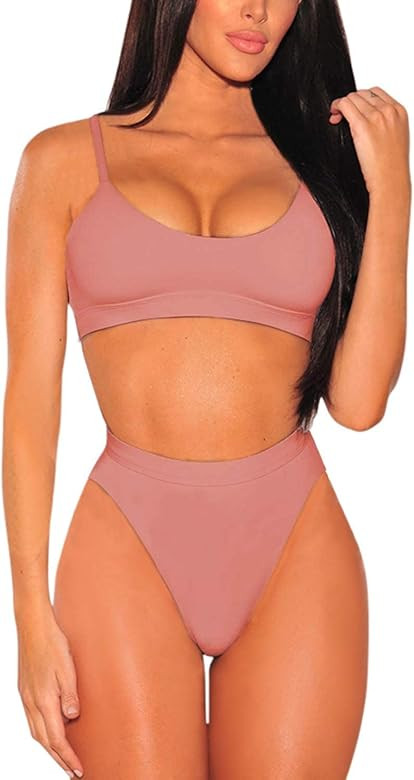 Pink Queen Women's Push Up Spaghetti Straps High Waisted Cheeky Two Piece Swimsuit | Amazon (US)