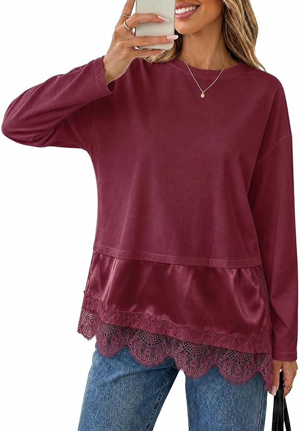Tankaneo Womens Long Sleeve Lace Trim Tops Asymmetrical Tunic Shirts | Amazon (US)