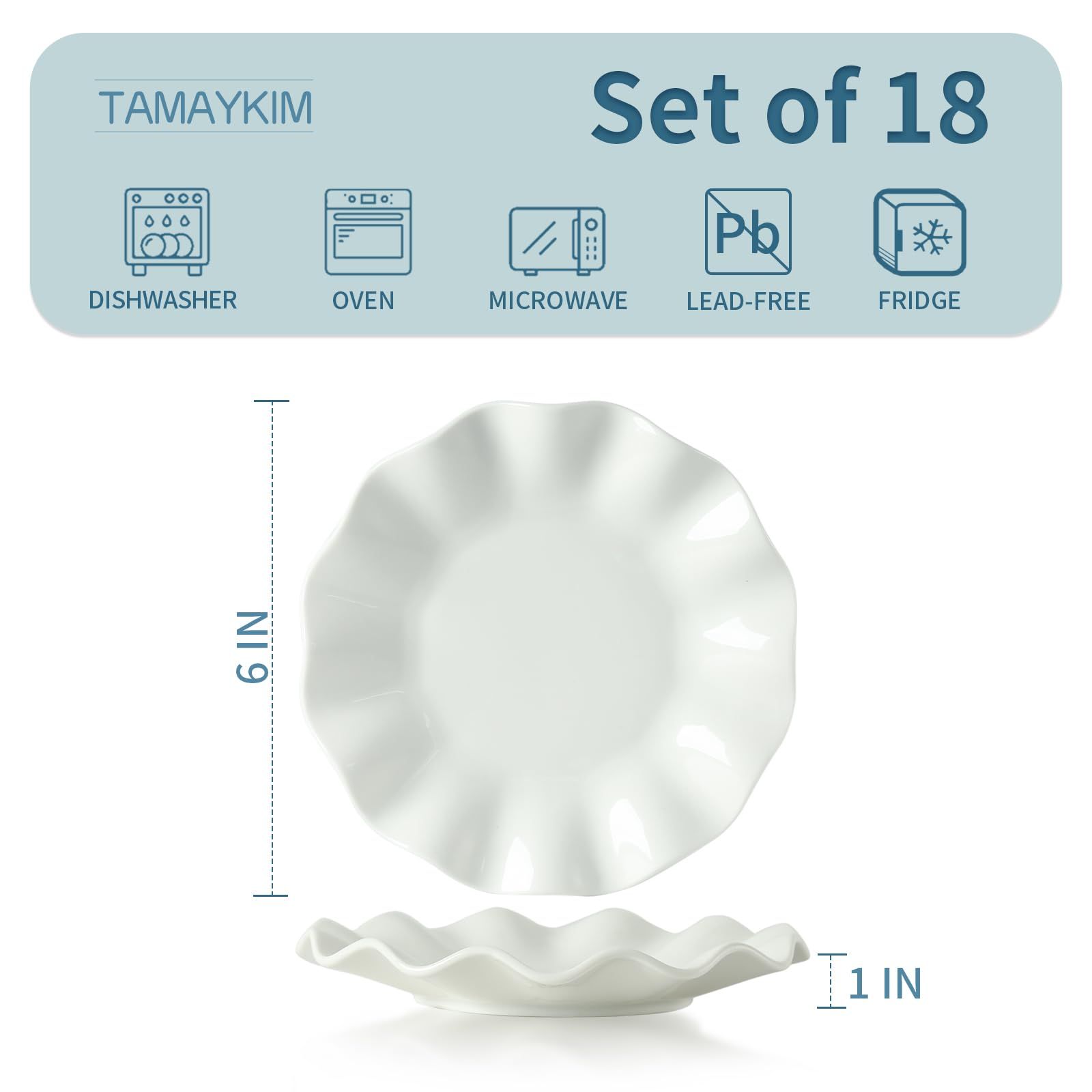 TAMAYKIM 18 Pieces 6 Inch Porcelain Dinner Plates, Small Dessert Plate, Appetizer Plates, Wavy Di... | Amazon (US)