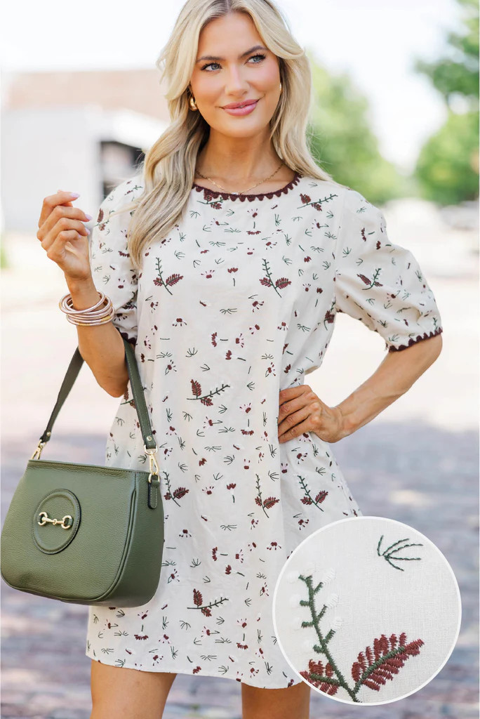The Subtle Bloom Taupe Embroidered Shift Dress | The Mint Julep Boutique
