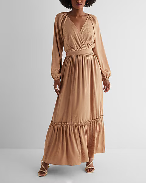 Satin Floral Jacquard V-Neck Tiered Maxi Dress | Express