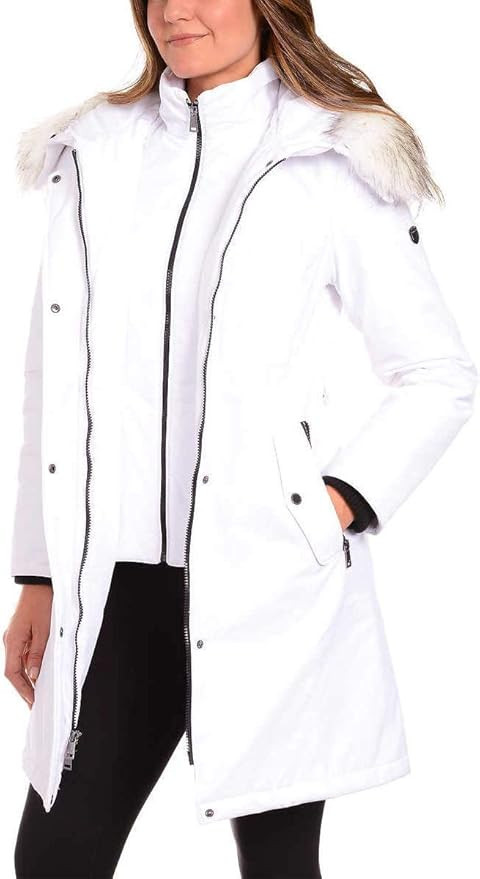 1 Madison Ladies' Water Resistant Long Parka with Faux Fur Hood (M, White) | Amazon (US)