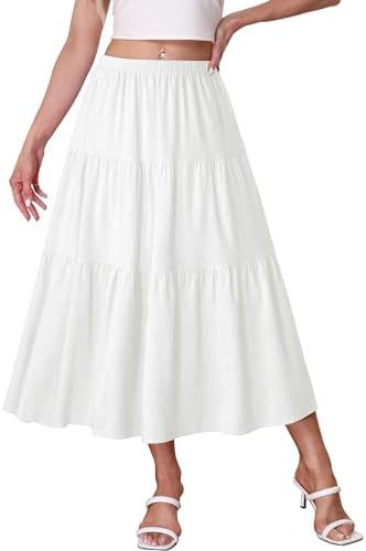 Women's Boho Midi Skirt A-Line Ruffle Elastic High Waist Tiered Flowy Skirts | Amazon (US)
