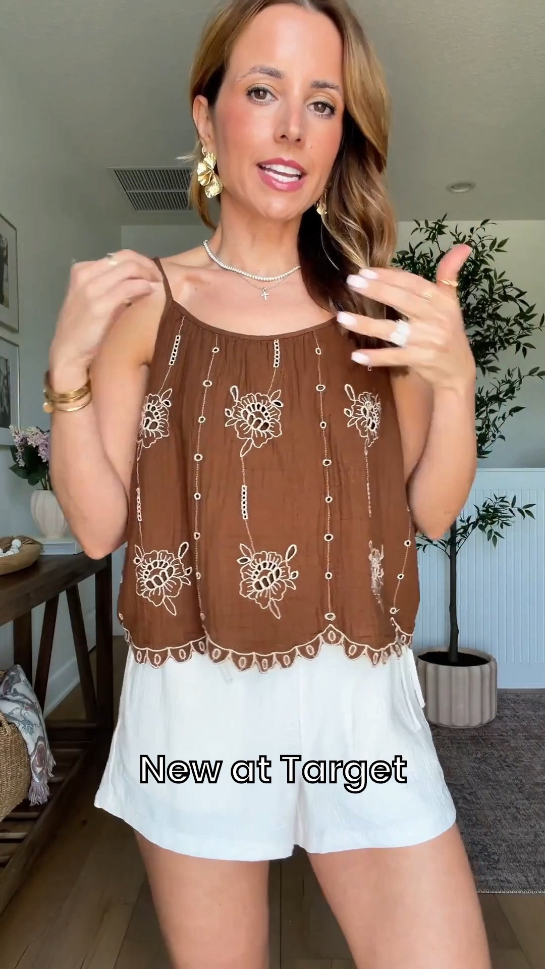 New summer arrivals at Target! I love this embroidered cami top - wearing XS. Could size down. Wearing XS in wrinkle resistant shorts. Neutral outfit. Summer outfit. Vacation outfit. Elevated casual outfit. Mom outfit. Casual outfit.

#LTKootd #LTKgrwm #LTKTravel
