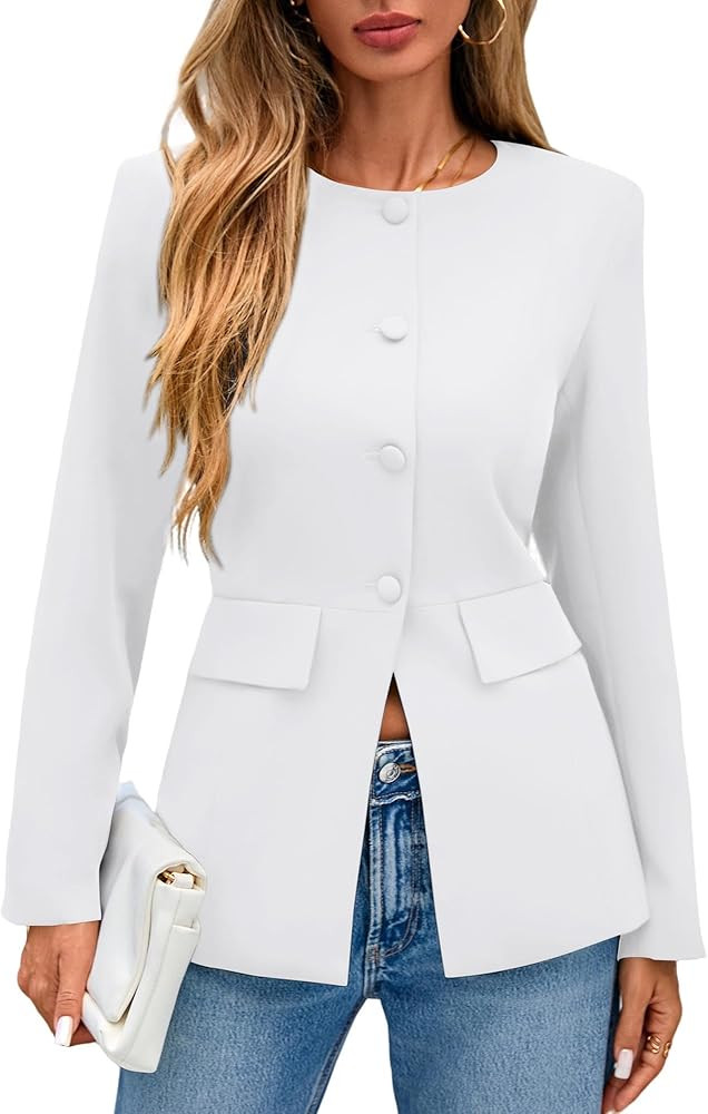 Lazysmile Blazers for Women Long Sleeve Crewneck Button Down Suit Jackets Work Office Business Ca... | Amazon (US)