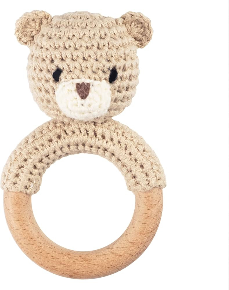 Safari Animals Wooden Baby Rattle Toys Stuffed Crochet Rattle with Teether Ring for Newborn, Beig... | Amazon (US)