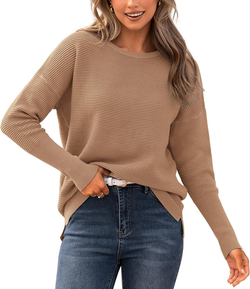 BTFBM Casual Women 2023 Fall Sweater Long Sleeve Ribbed Knit Pullover Loose Crewneck Batwing Spli... | Amazon (US)
