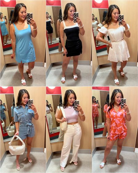 Throwing it back with a dressing room try on!! This was a super random Target 🎯 haul and I’m giving you my candid thoughts on it all! 
Blue Activewear Dress: Medium
Contrast Trim Top (not online yet): Small
Skort: Small
White Eyelet Top and Skirt: Small
Denim Romper: 6 (may be more comfortable in 8)
Purple Tie Back Top: XXS (ordered an S)
White Jeans: 6
Bag (not online yet)
PJ Set: Medium (not online yet)