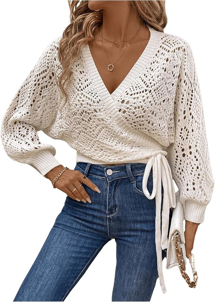Floerns Women's Hollow Out Lantern Sleeve Cropped Cardigan Wrap V Neck Tie Side Sweater | Amazon (US)