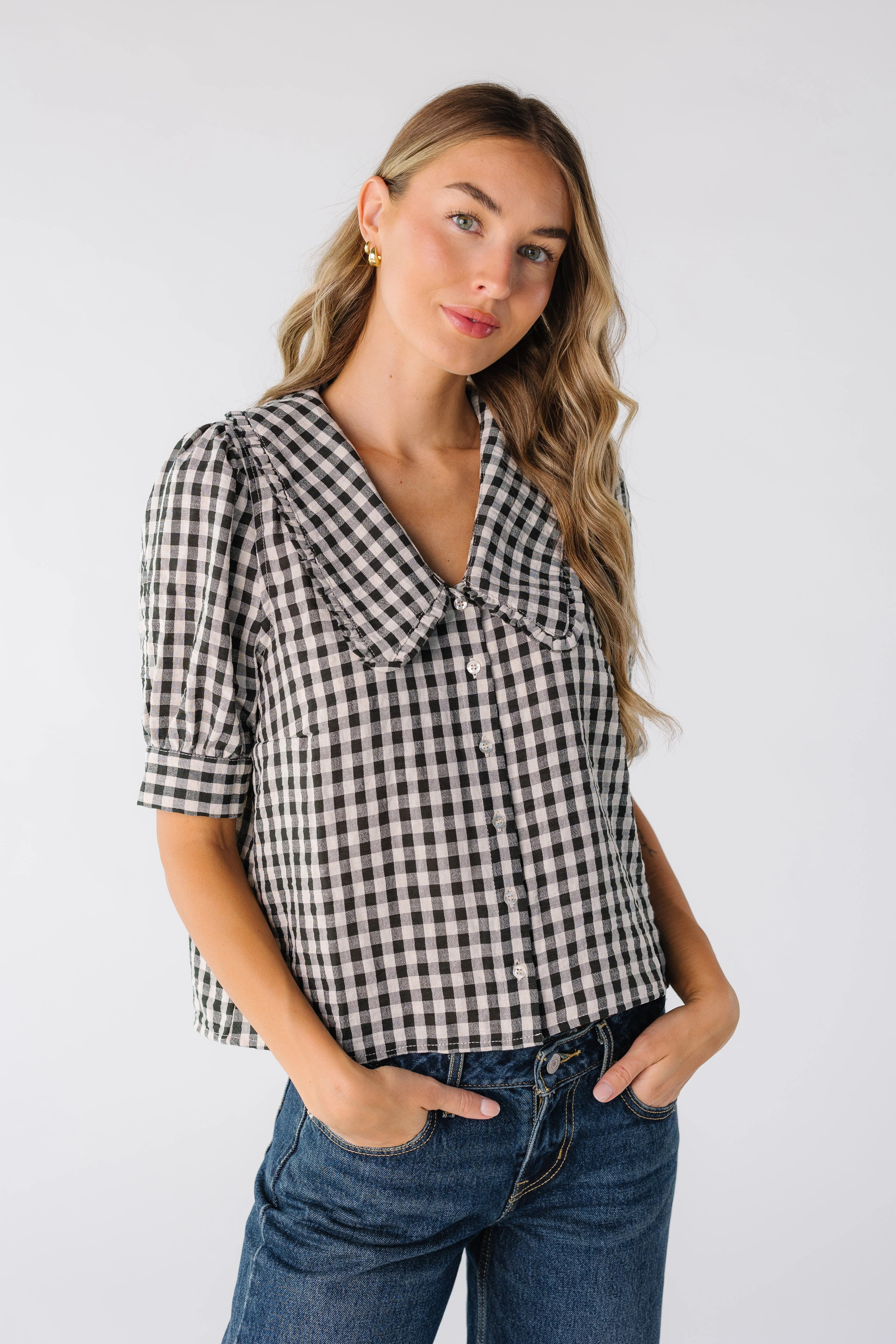 Brass & Roe Gingham Collared Top Black/White | Called To Surf