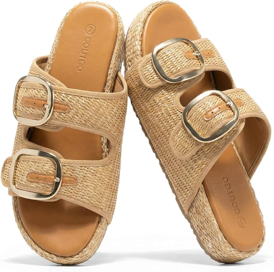 Coutgo Womens Platform Sandals Raffia Espadrilles Two Band Open Toe Slip On Slides Beach Vacation... | Amazon (US)