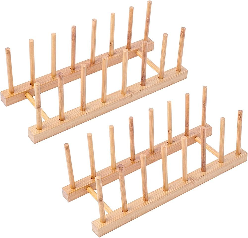 Wevapers 2Pack Bamboo Wooden Dish Rack, Plate Rack Stand Pot Lid Holder, Kitchen Cabinet Organize... | Amazon (US)