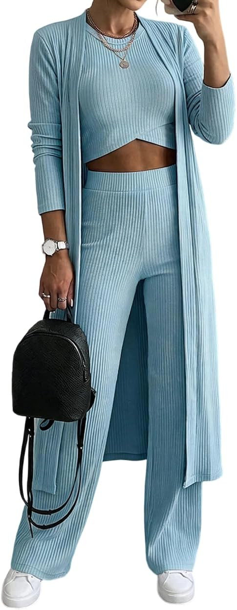 Women’s 3 Piece Knit Set Long Cardigan Criss Cross Crop Tank Top and Wide Leg Pants Ribbed Loun... | Amazon (US)