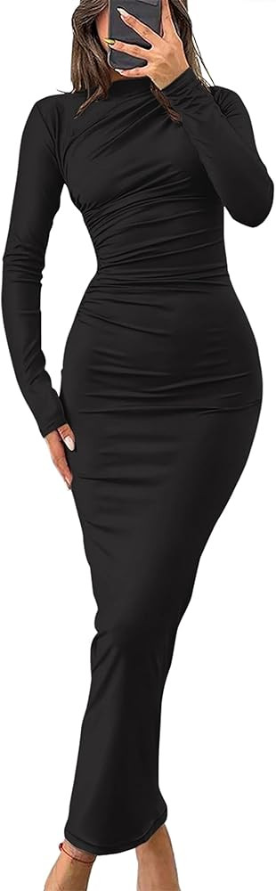 ZESICA Women's 2024 Fall Long Sleeve Bodycon Maxi Dresses Sexy Ruched Crew Neck Slim Fit Cocktail... | Amazon (US)