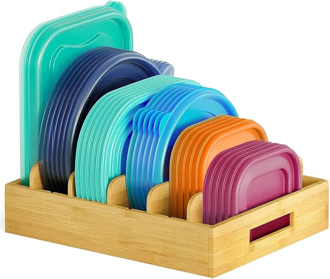 Bamboo Tupperware Lid Organizer, Plastic Lid Organizer Cabinet, Food Container Lid Organizer with... | Amazon (US)