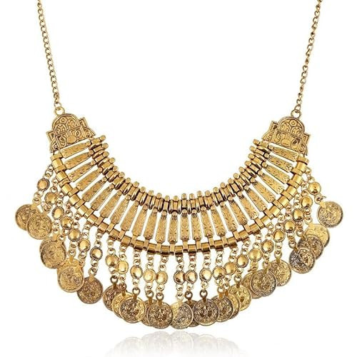 Vintage Engraved Coin Tassel Collar Statement Necklace for Women Men Bohemian Exaggerated Short Chunky Boho Choker Ethnic Gypsy Tribal Bib Clavicle Necklaces Halloween Costume Party Jewelry Gifts (Ancient Gold-tone) | Amazon (US)