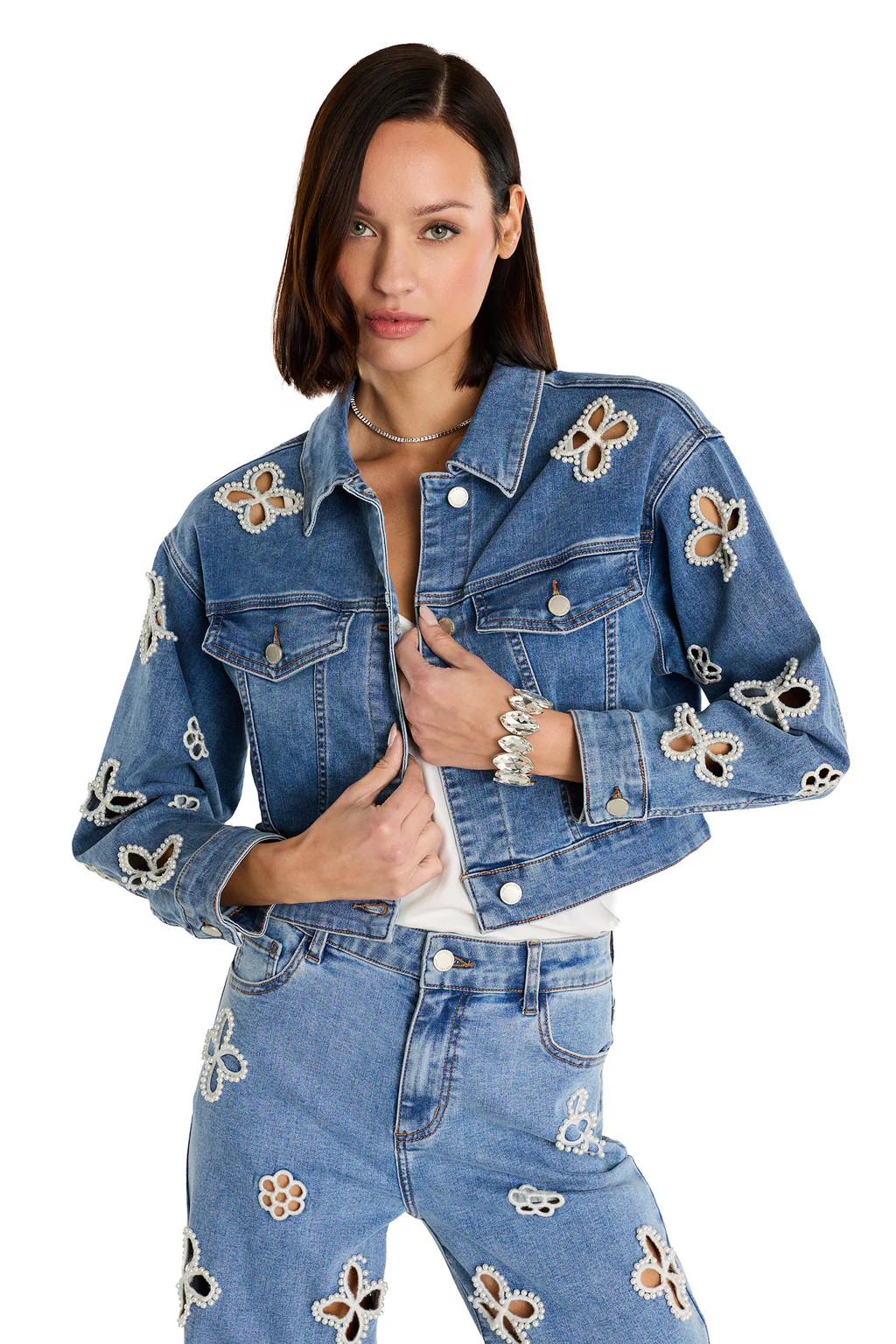 Kaia Pearl Jean Jacket - Medium Blue | The Noli Shop