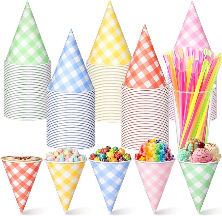 Honeydak 50 Pcs 6 oz Pastel Snow Cone Cups and Spoon Straw Set,Gingham Checkered Paper Cone Cups,... | Amazon (US)
