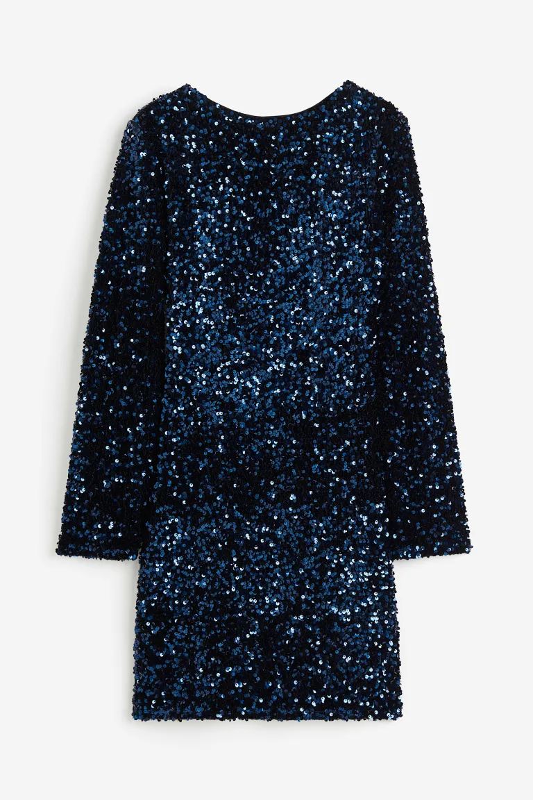 Sequined Dress with Low-cut Back - Dark blue - Ladies | H&M US | H&M (US + CA)