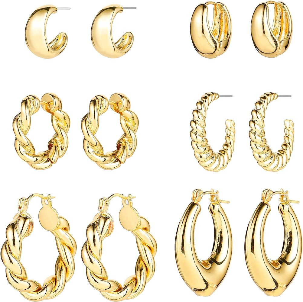 Gold Chunky Hoop Earrings Set for Women, 14K Gold Plated Twisted Huggie Hoop Earring Hypoallergen... | Amazon (US)