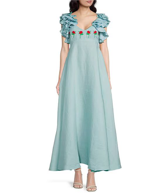 Demre Ruffle Sleeve Rose Embroidery Linen V-Neck Empire Waist Maxi Dress | Dillard's