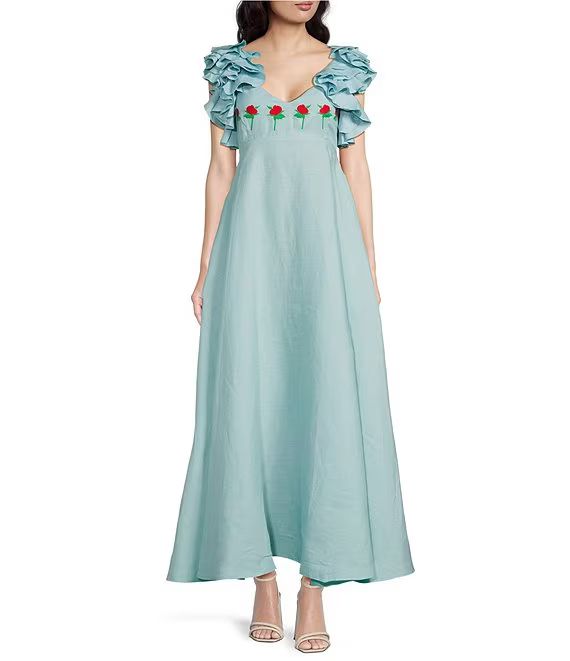Demre Ruffle Sleeve Rose Embroidery Linen V-Neck Empire Waist Maxi Dress | Dillard's