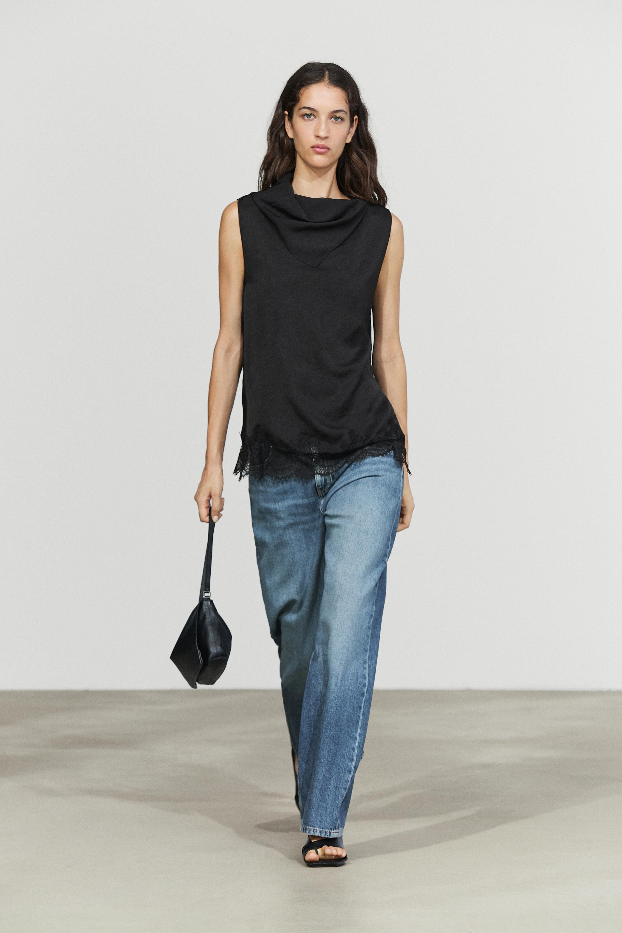 Flowing lace-detail top | Massimo Dutti UK